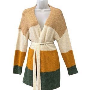 Vero Moda Earthy Scandi Colorblock Belted Alpaca Wool Cardigan Sweater Large 💜